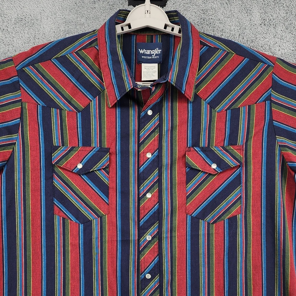 Wrangler Shirt Mens 2XLT Red Navy Striped Pearl Snaps Dual Pockets Western EUC